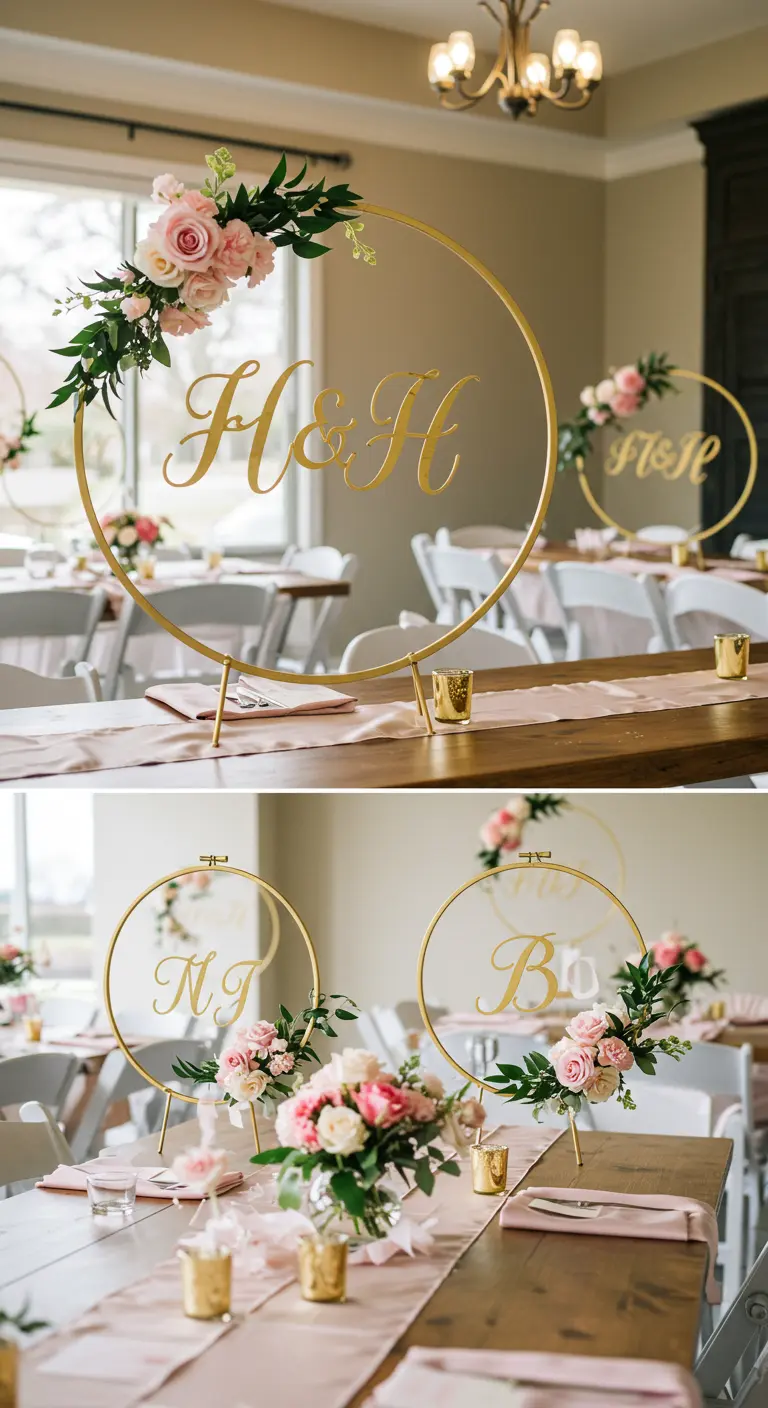 A gold hoop centerpiece with a floral arrangement and a couple's initials in the center.