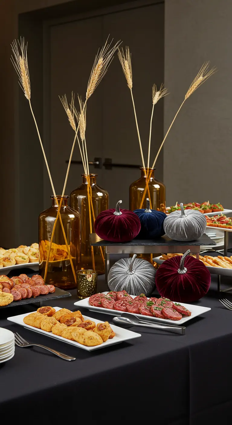 Modern black buffet table with minimalist wheat stalks and velvet pumpkins.