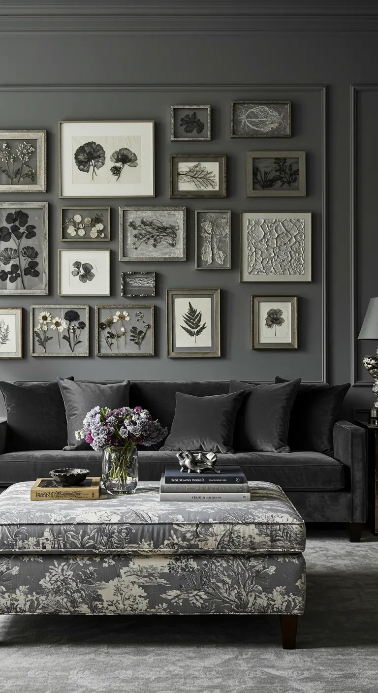 Elegant grey living room with a gallery wall of framed pressed botanicals and a grey toile ottoman.