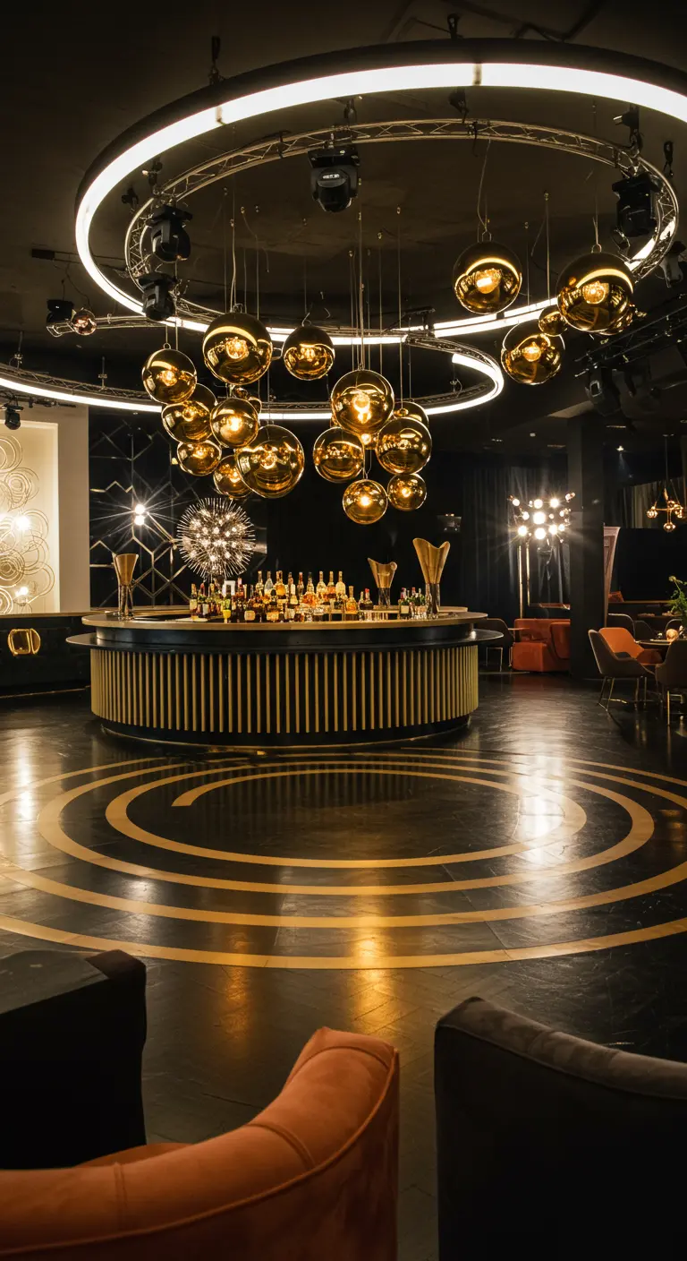 A modern circular bar with a black ribbed base and a stunning overhead light fixture with gold globes.