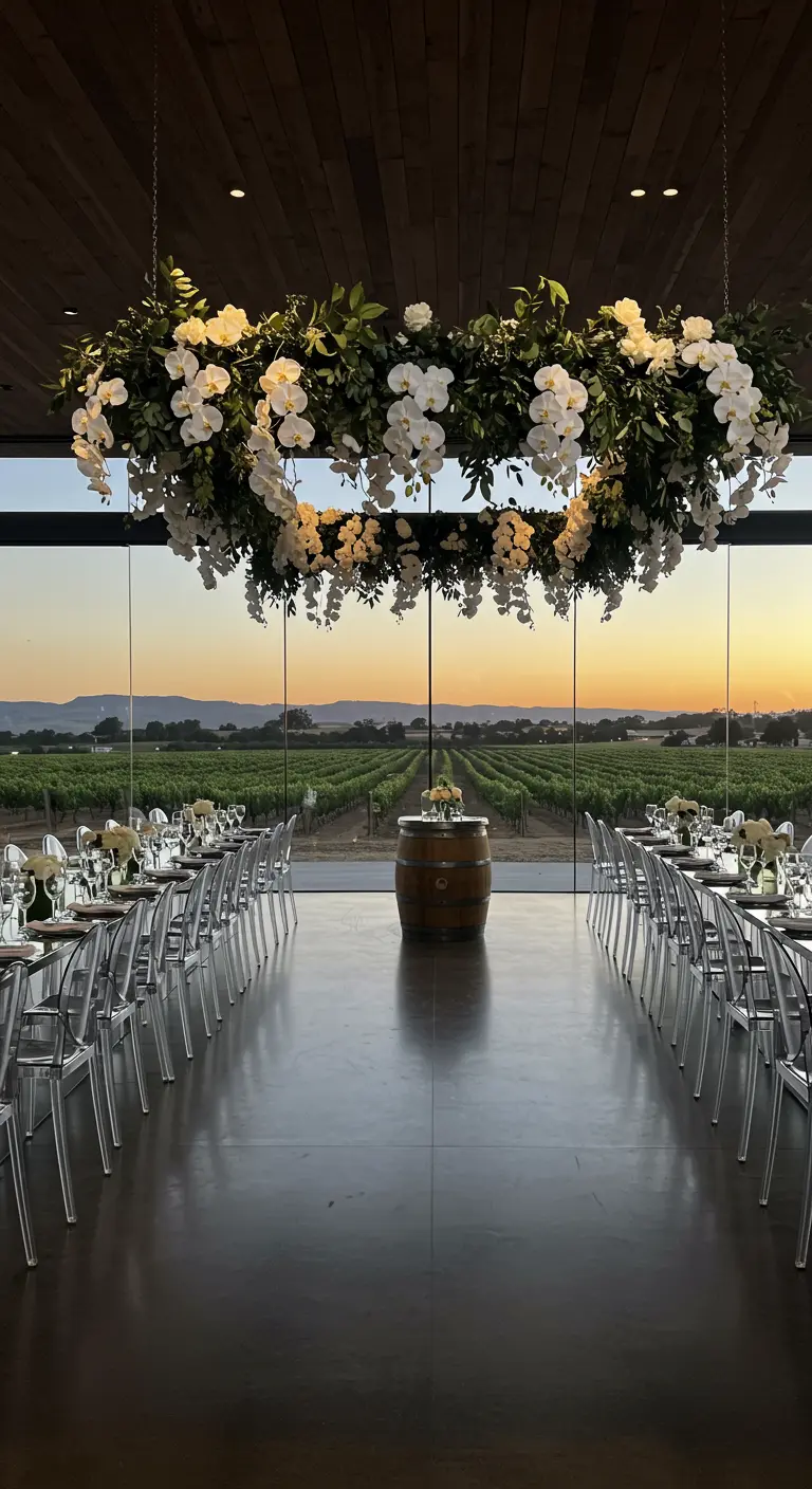 A large chandelier of white orchids and greenery hanging in a modern room overlooking a vineyard.