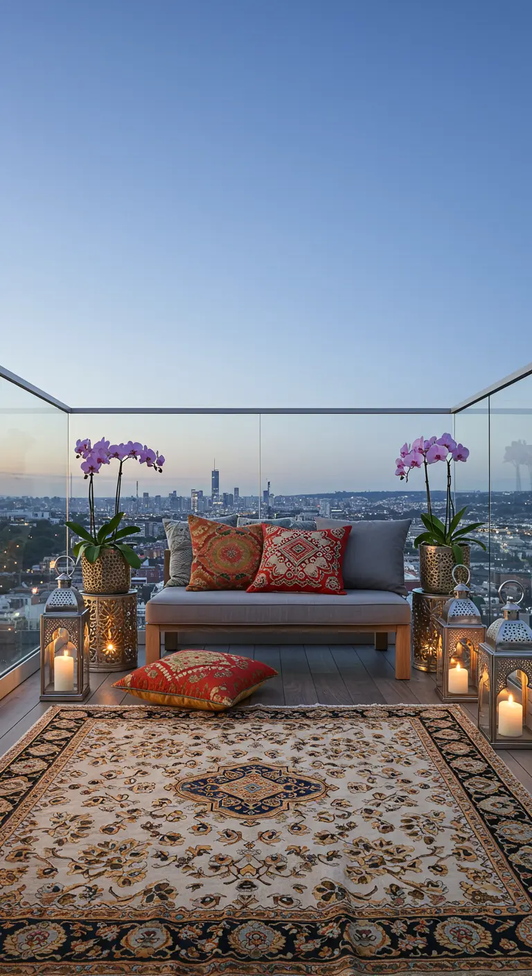 A modern rooftop balcony with a sleek bench, orchids in gold pots, and silver lanterns.