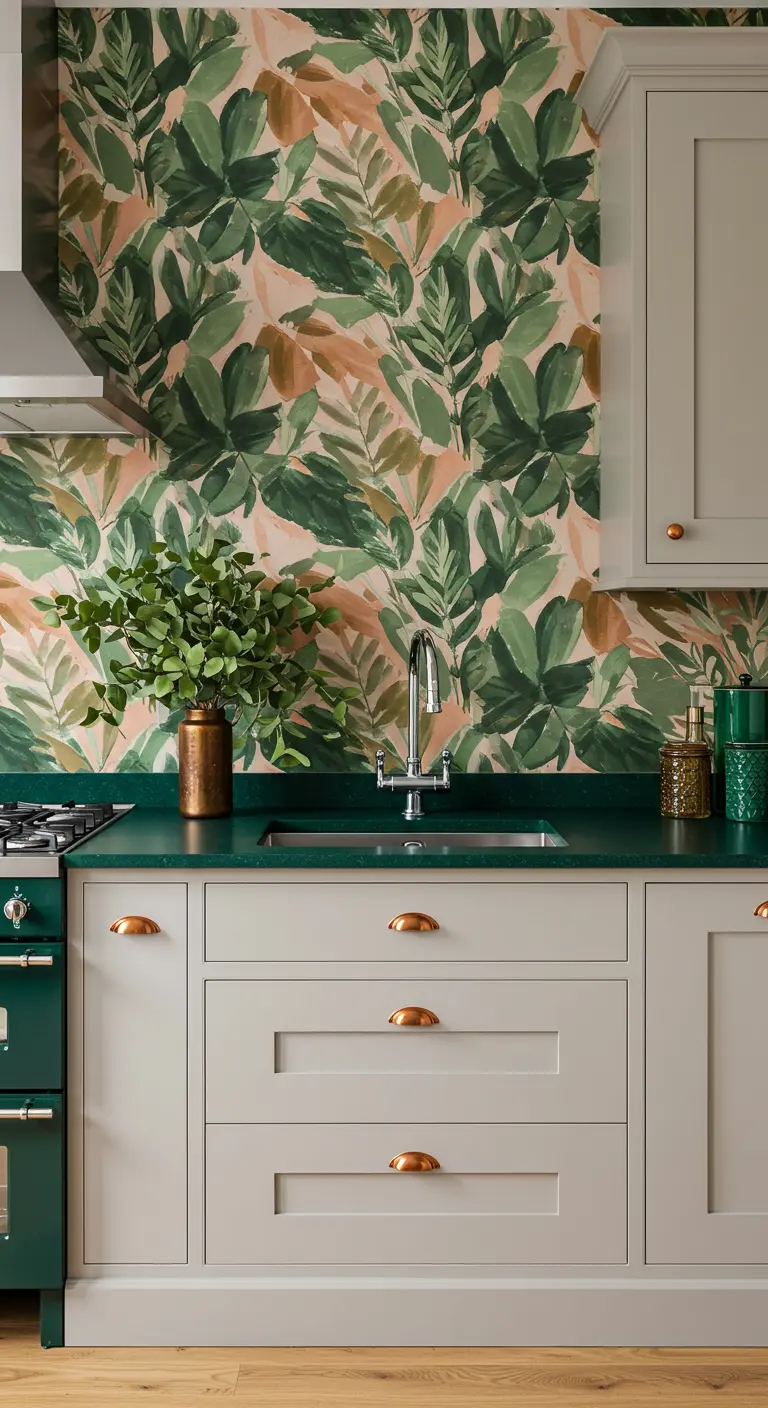 Kitchen with a painterly leaf wallpaper in green and pink, paired with light gray cabinets.