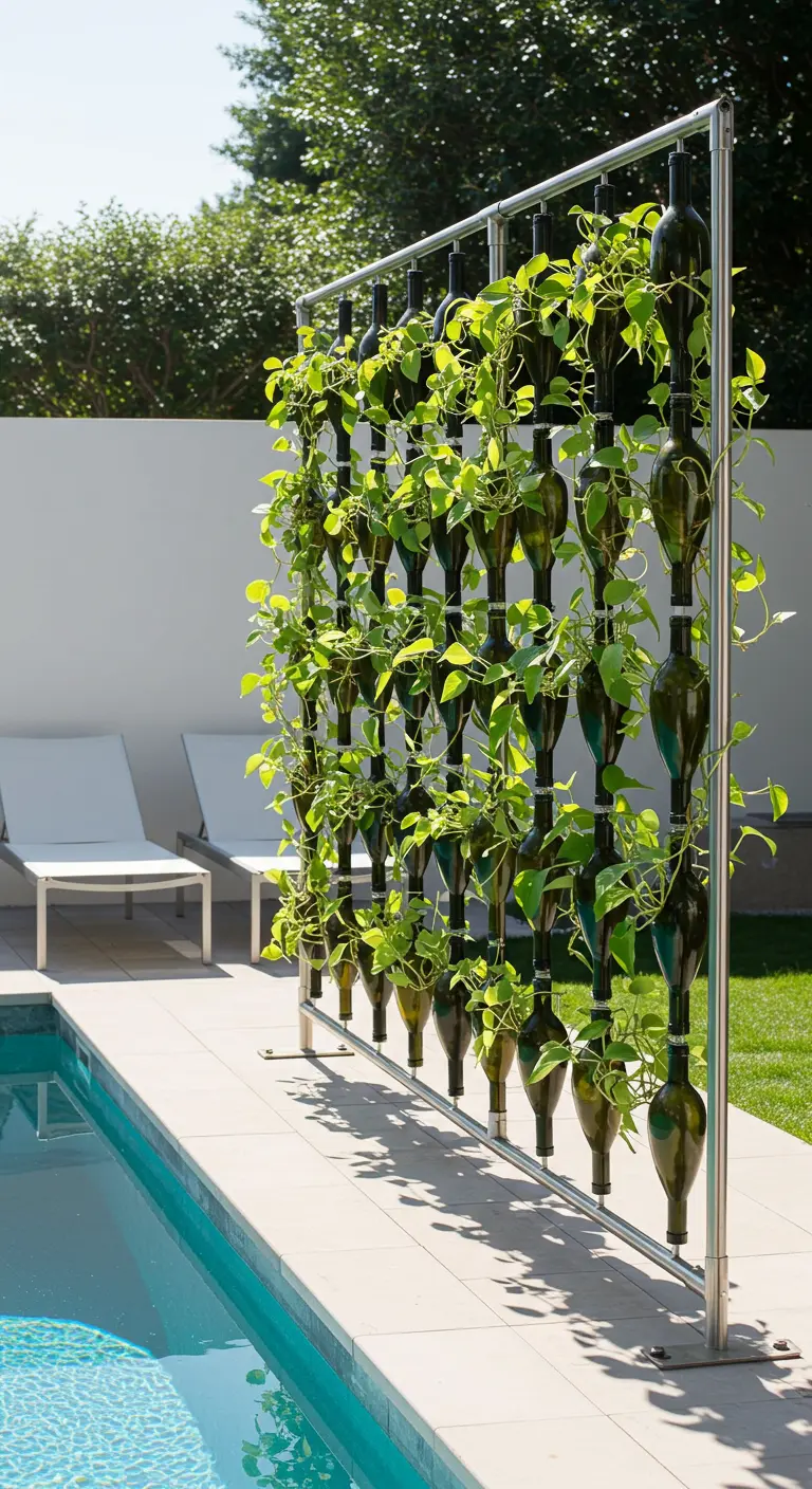 A tall bottle garden screen planted with vines, used for privacy by a pool.
