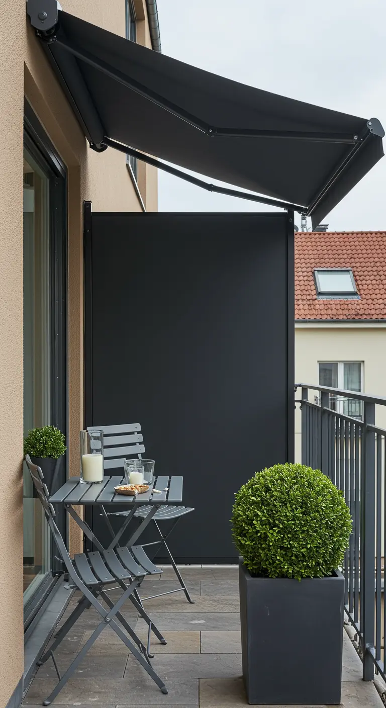 A sleek black retractable side screen pulled across a modern balcony.