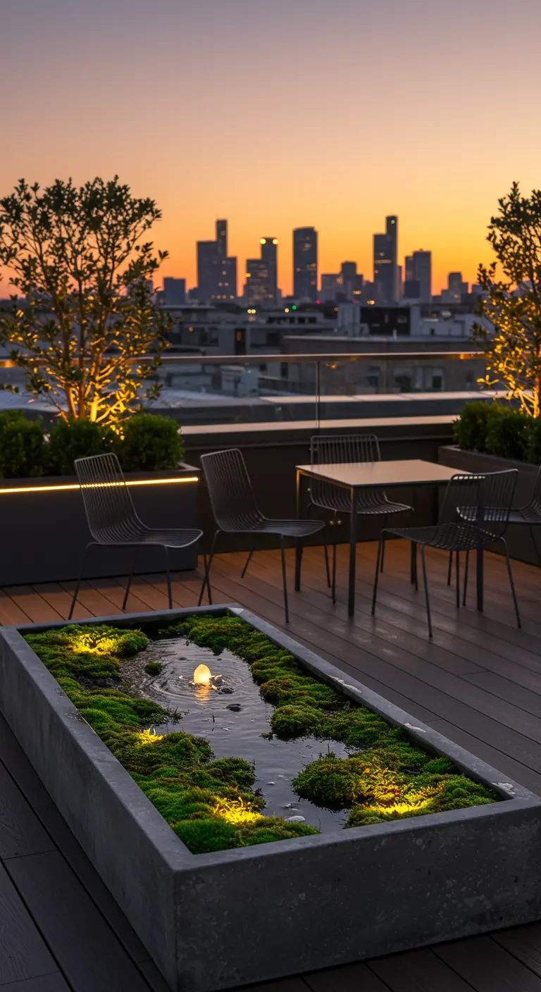 Modern rectangular water feature with moss on a city rooftop at sunset.