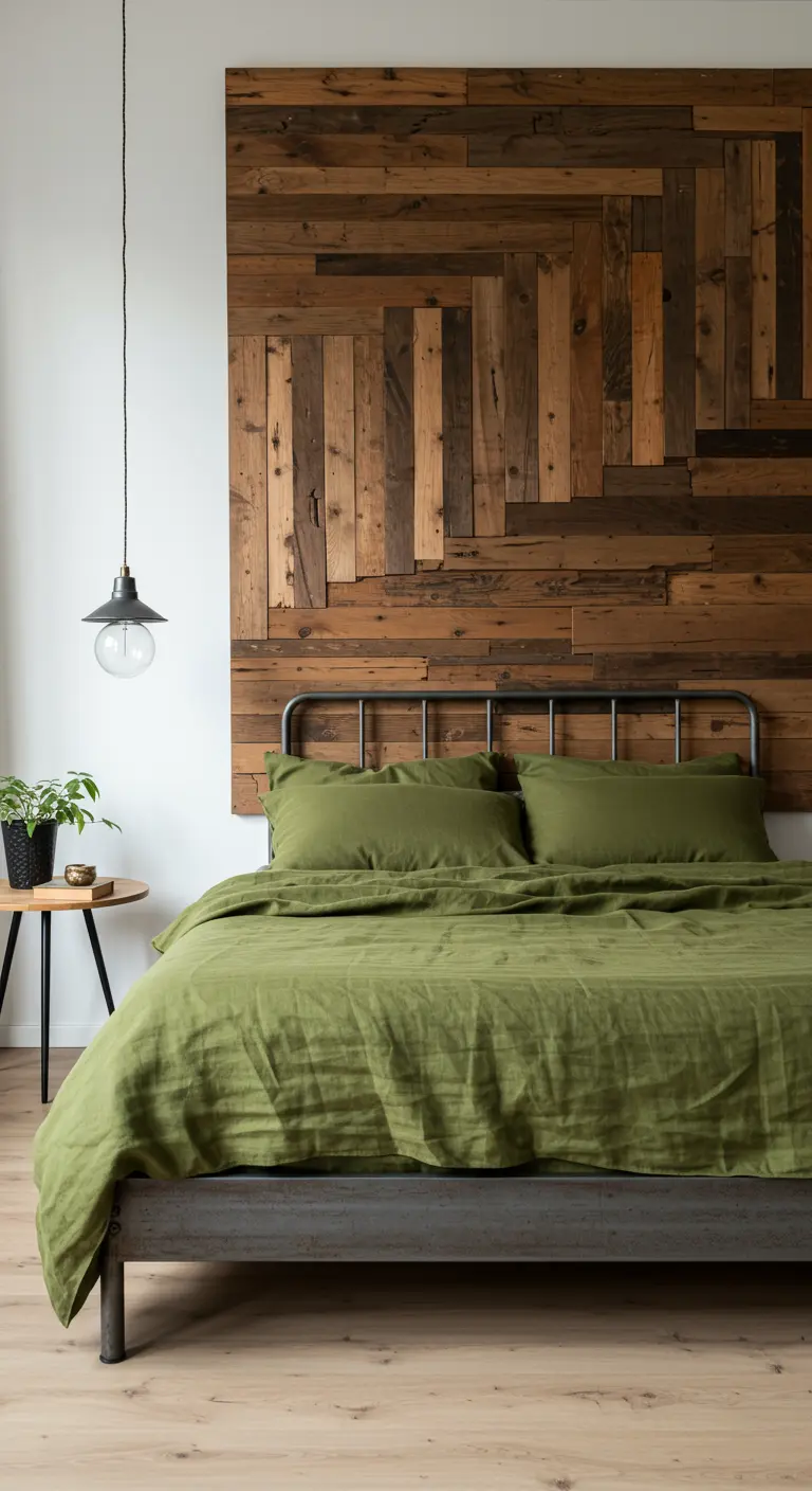 A geometric reclaimed wood accent wall behind a simple metal bed with olive green linens.