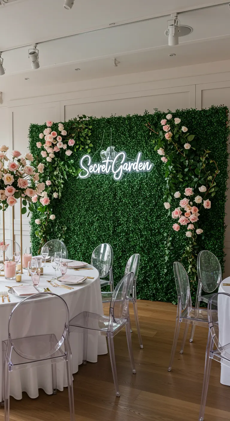 A chic party setup with a 'Secret Garden' neon sign on a boxwood wall with pink roses.