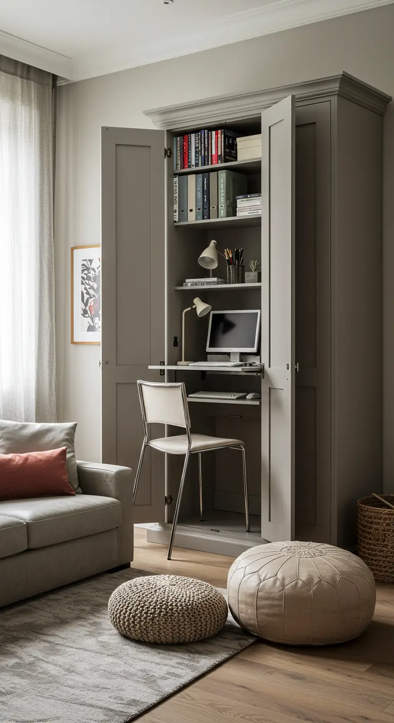 A tall gray cabinet opened to reveal a pull-out desk, shelving, and computer monitor.