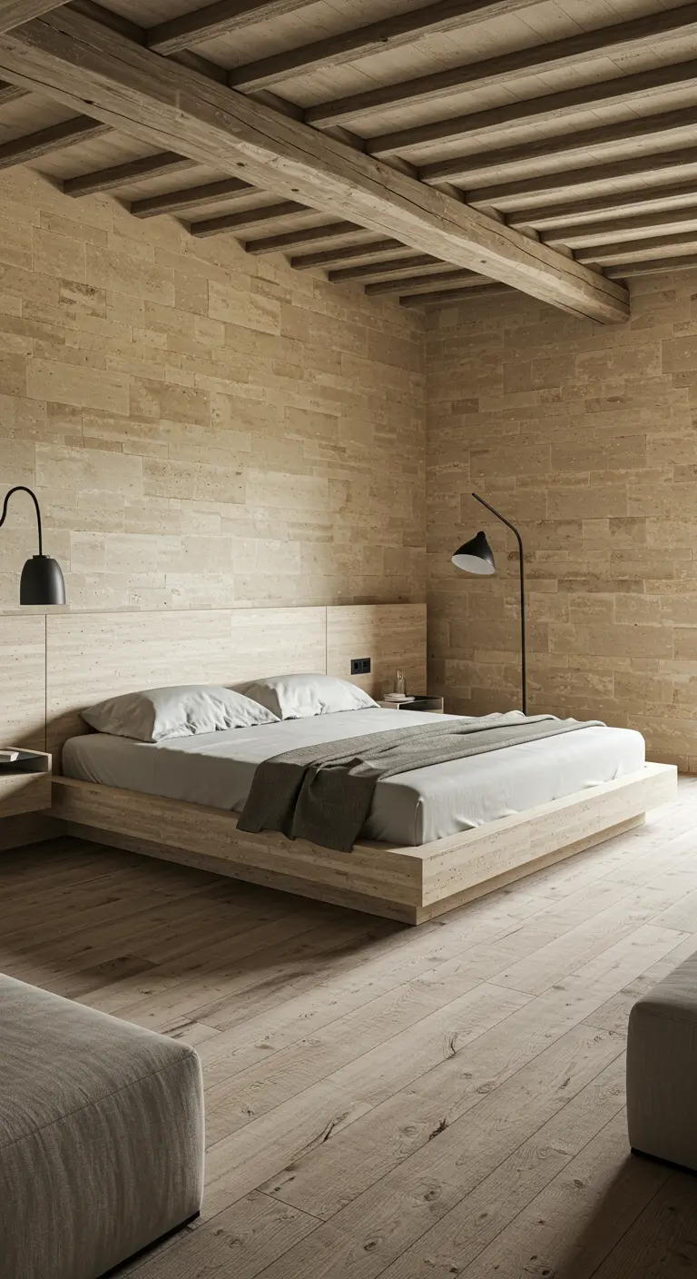 Minimalist bedroom with a travertine stone wall and a light wood platform bed.