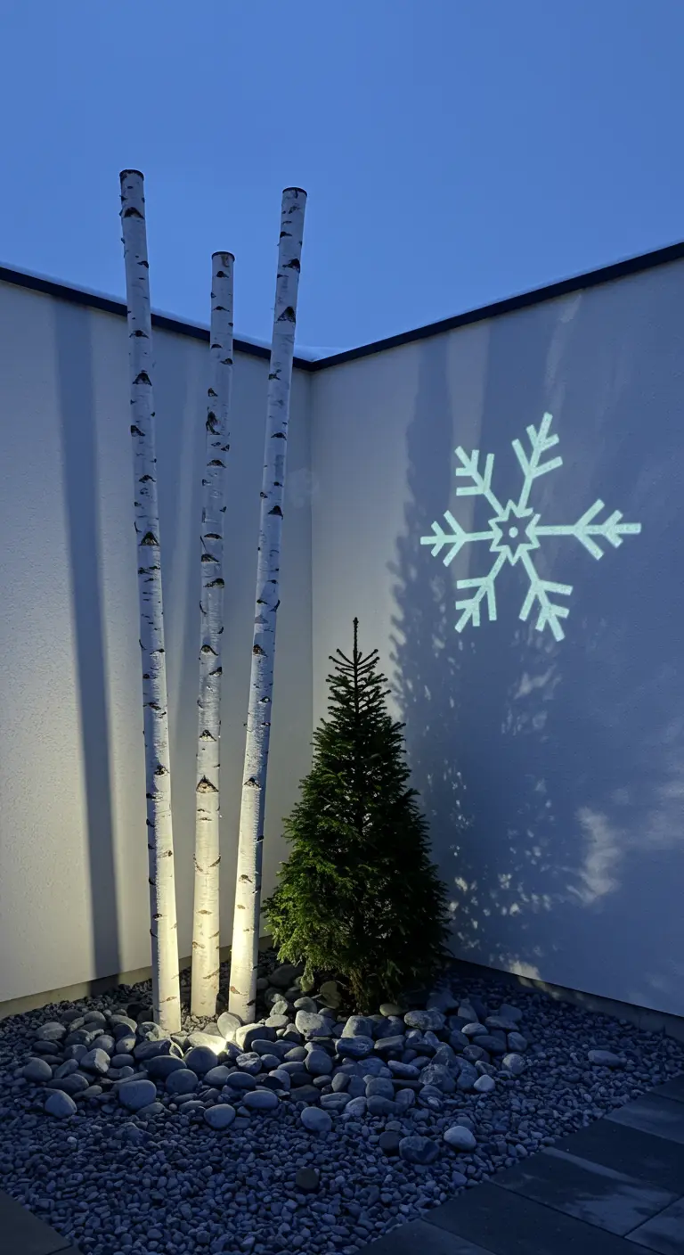 A minimalist corner with three birch trunks, an uplight, and a projected snowflake on the wall.