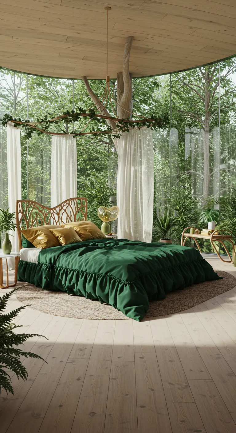 Modern bedroom with glass walls overlooking a forest, green ruffled bedding.