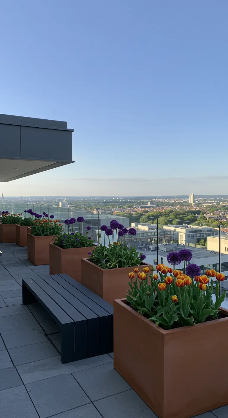 A modern rooftop with large rectangular planters filled with purple alliums and orange tulips.