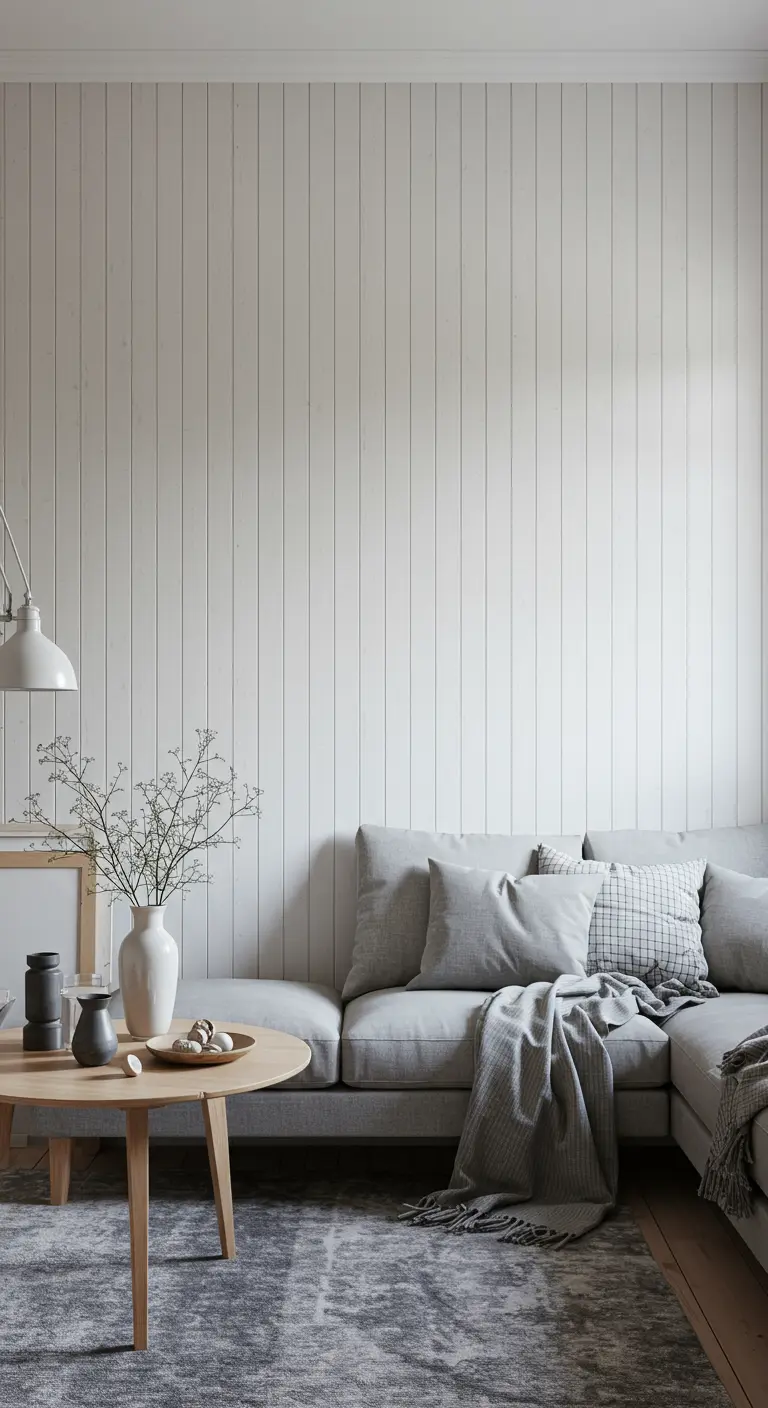 A living room with a white vertical shiplap accent wall behind a gray sectional sofa.