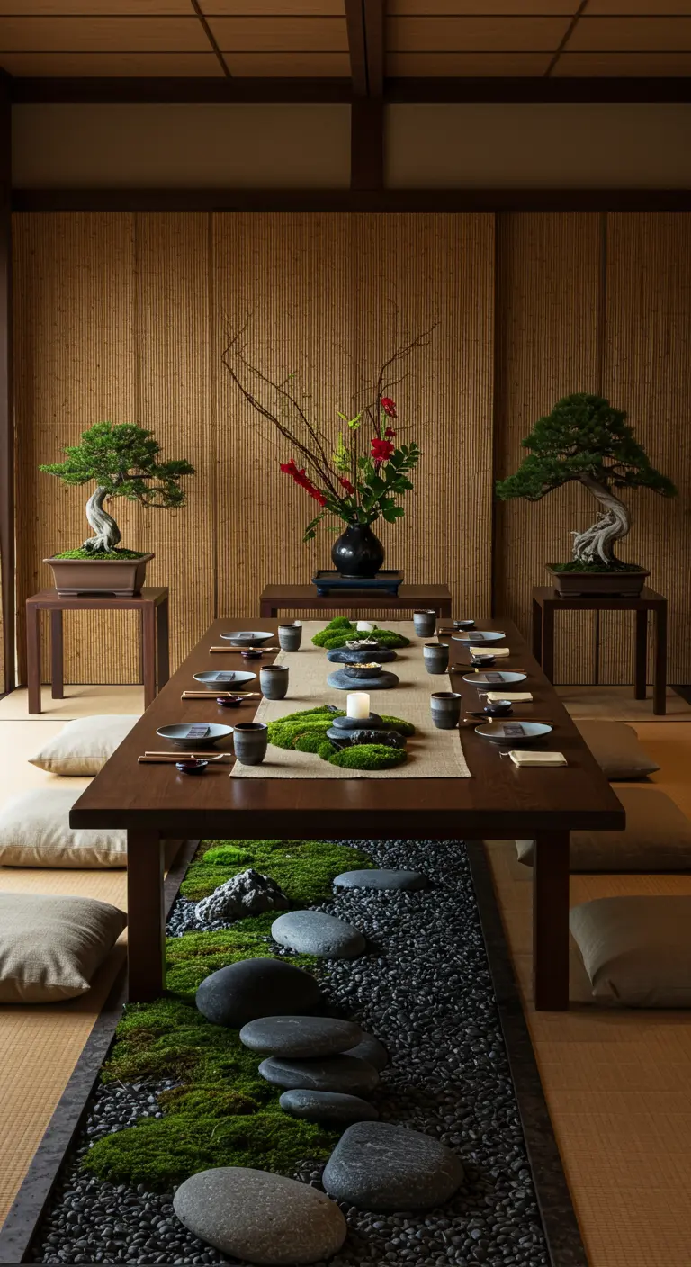 A Japanese-themed dining setting with a moss-and-stone table runner and bonsai trees.