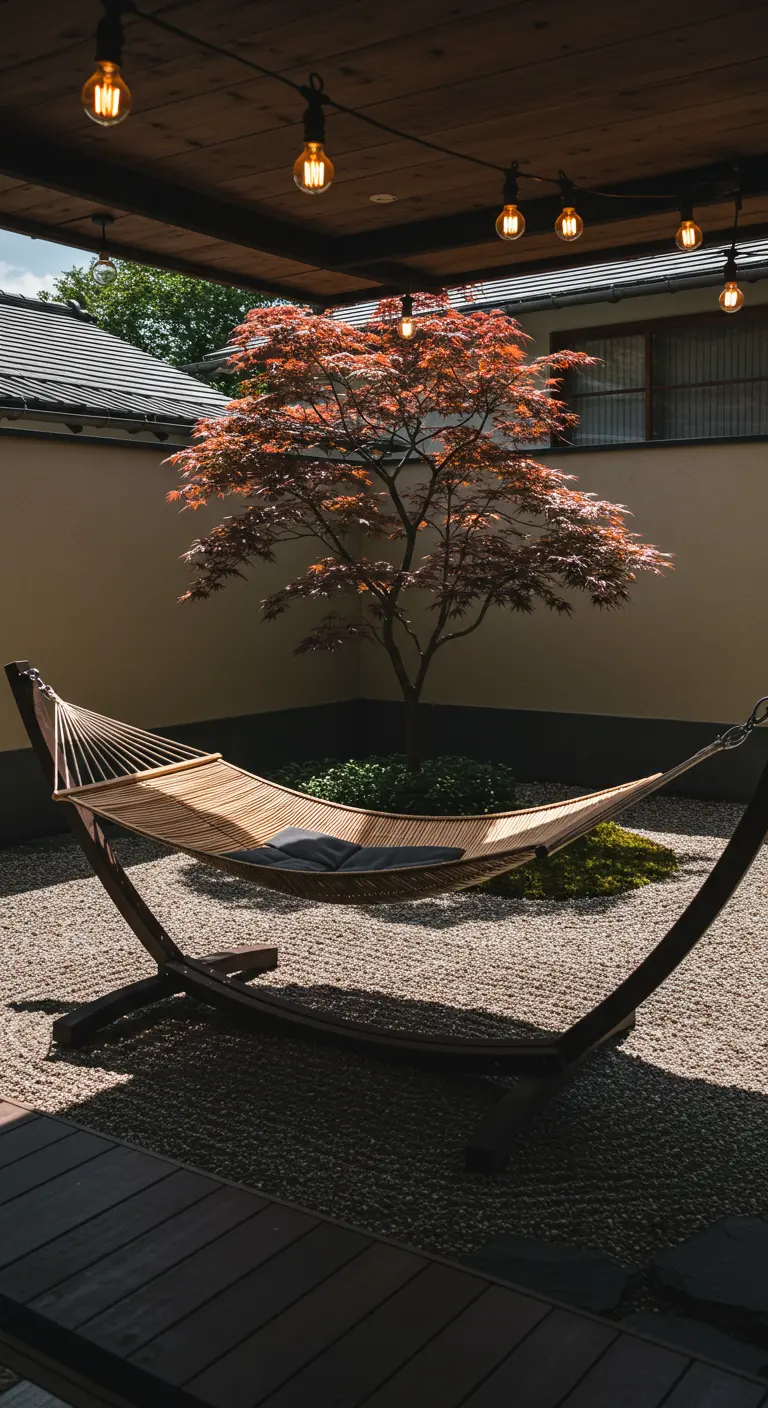 A hammock on a wooden stand in a Japanese-style gravel garden with a maple tree.