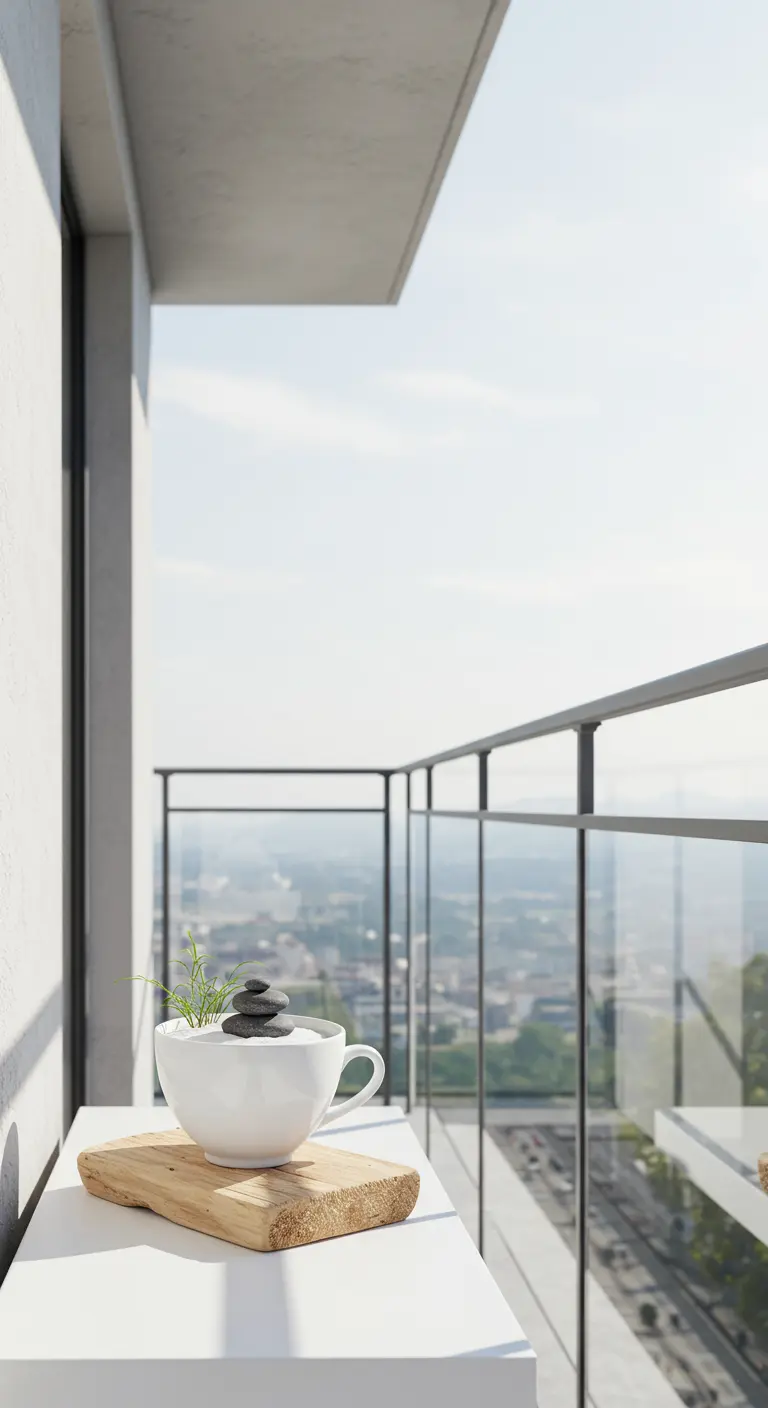 A minimalist white teacup with stacked stones and a sprig of grass on a modern balcony.