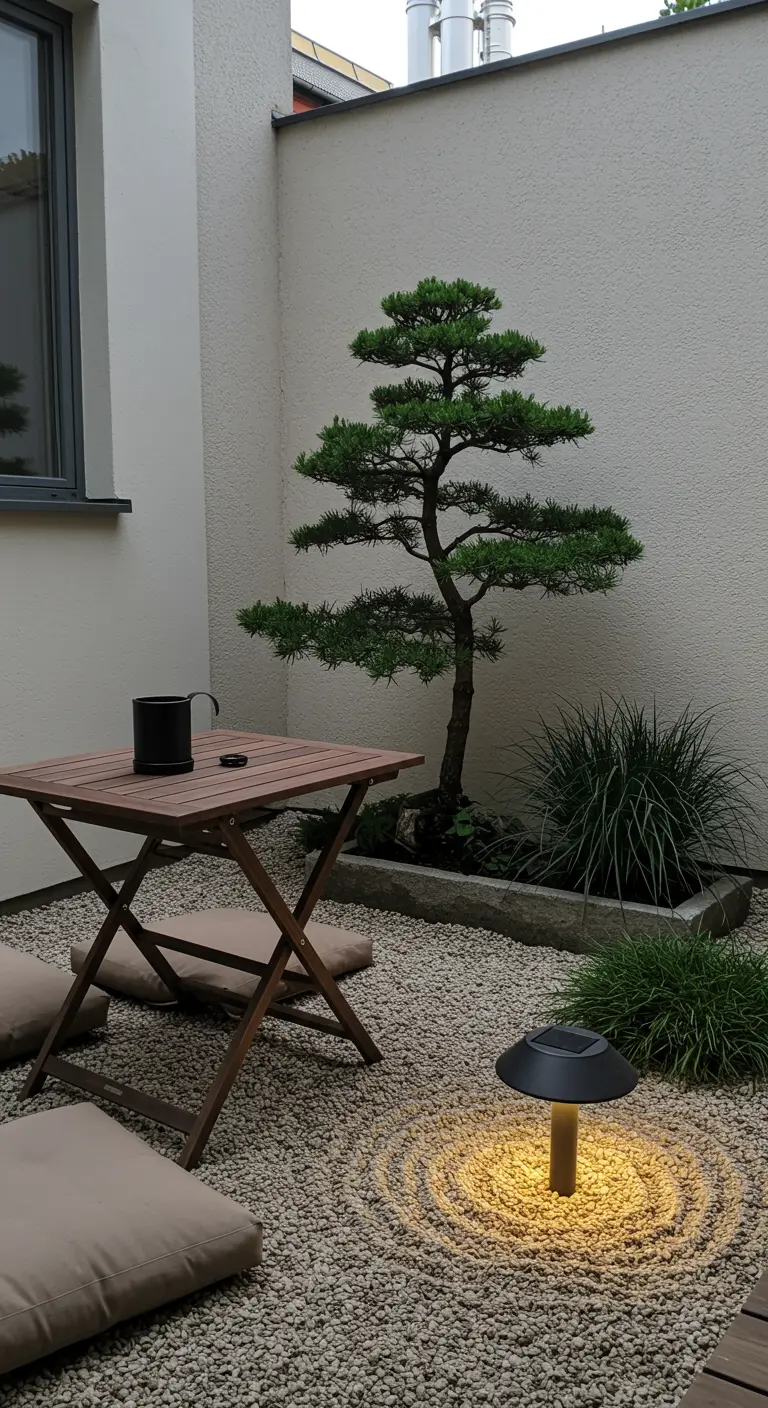 A minimalist zen garden corner with a bonsai tree, gravel, and a solar lamp.