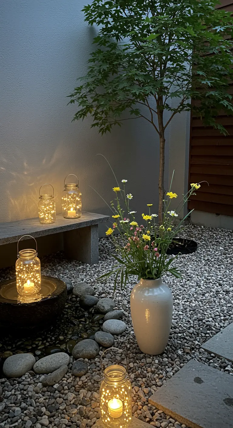 A minimalist pebble garden with a stone bench, a simple vase, and glowing jar lanterns.