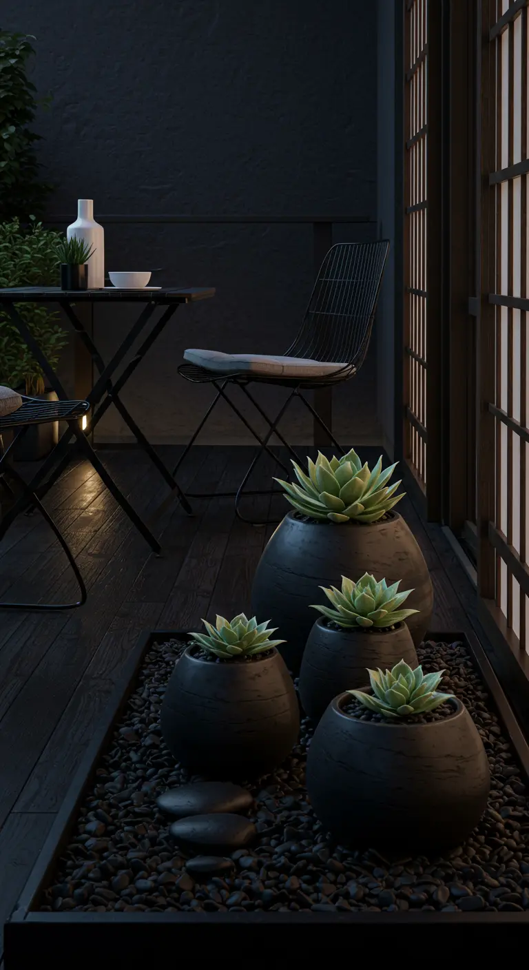 A dark balcony at night with matte black planters holding succulents, set in a bed of black river stones.