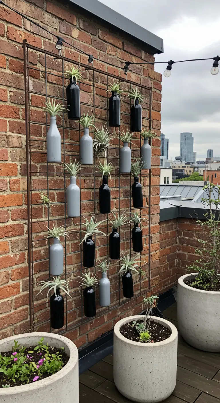 A modern grid of painted bottles holding air plants on a brick wall.
