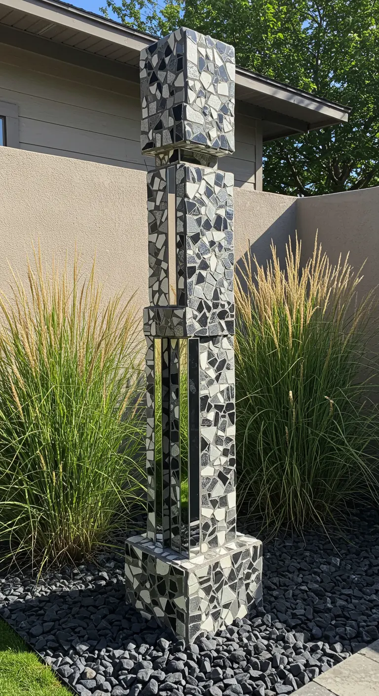 A tall, modern garden sculpture with black and white mosaic tiles and mirror strips.