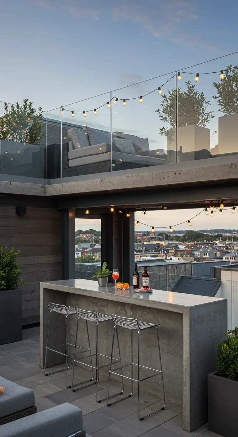 A modern multi-level terrace with a concrete bar and glass railings.