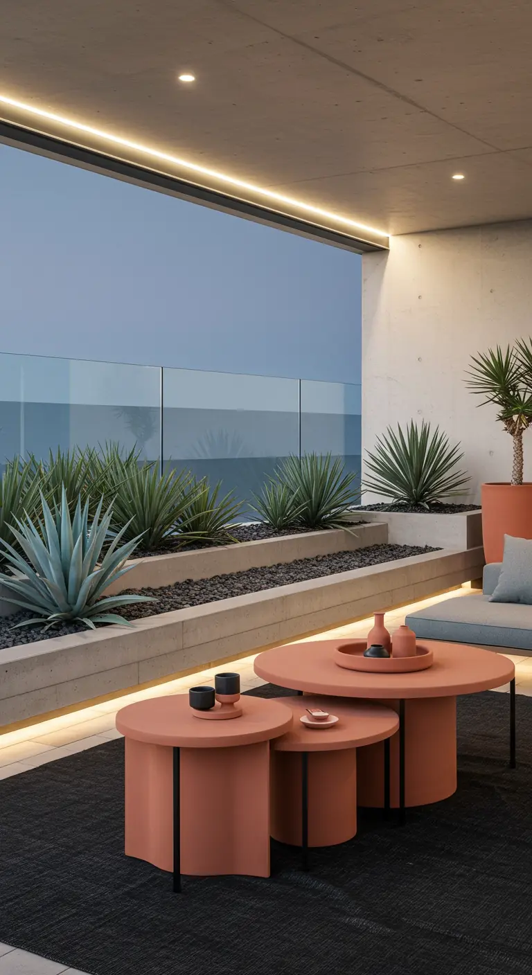 A modern balcony with concrete planters, blue agave, and terracotta nesting tables.