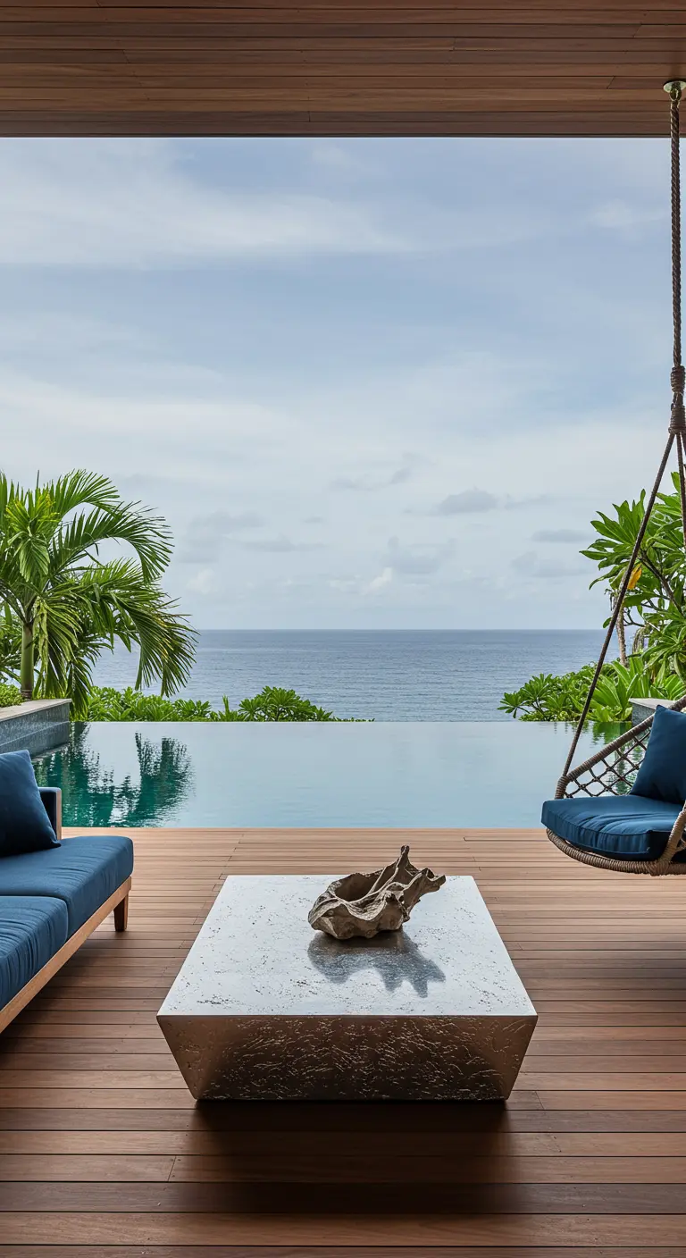 Modern poolside deck with a geometric coffee table, dark blue cushions, and a hanging swing chair.
