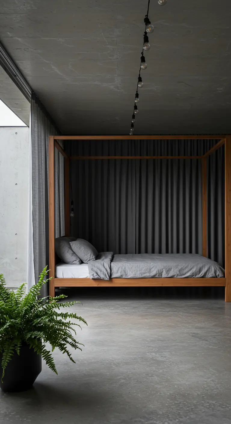 Minimalist wooden canopy bed in a concrete room with a large fern.