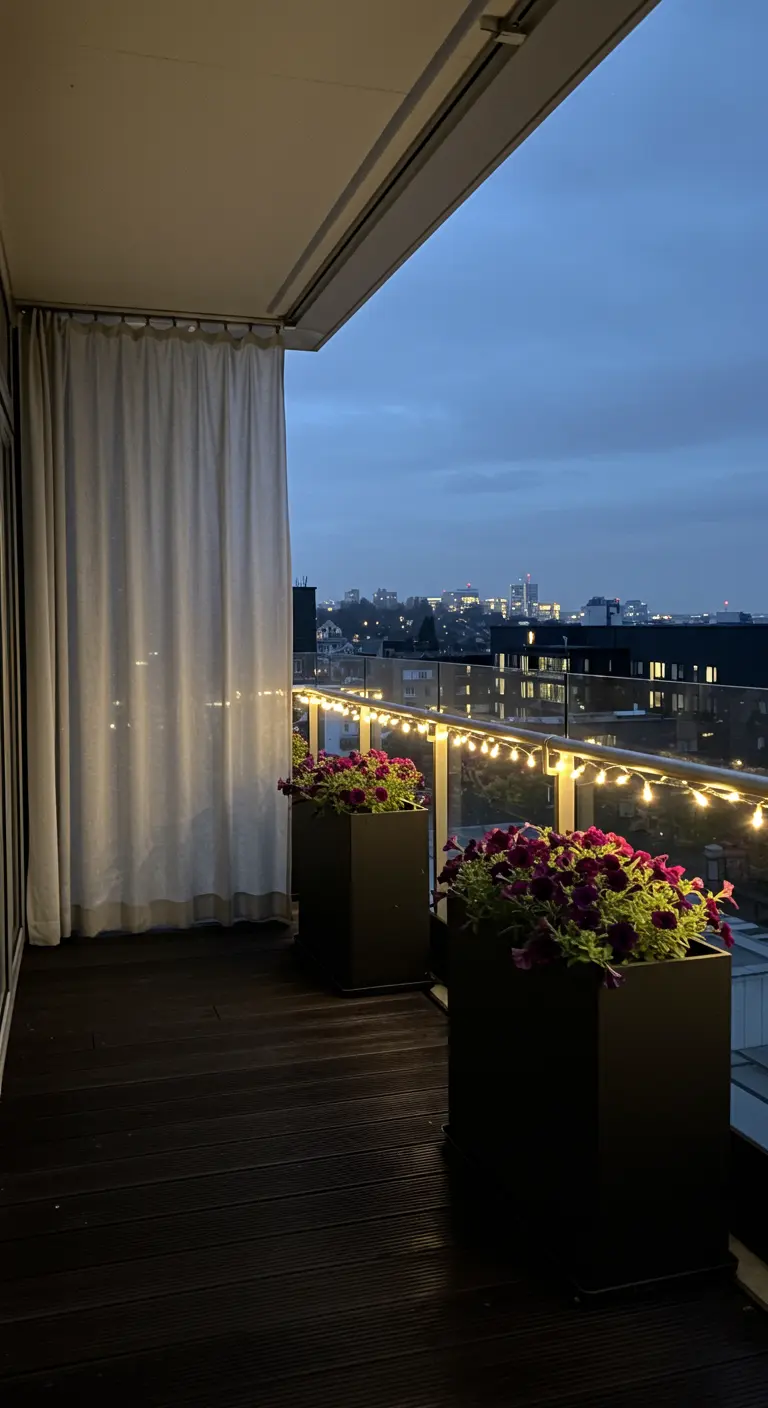 Modern city balcony with dark decking, minimalist planters, and a single sheer curtain.