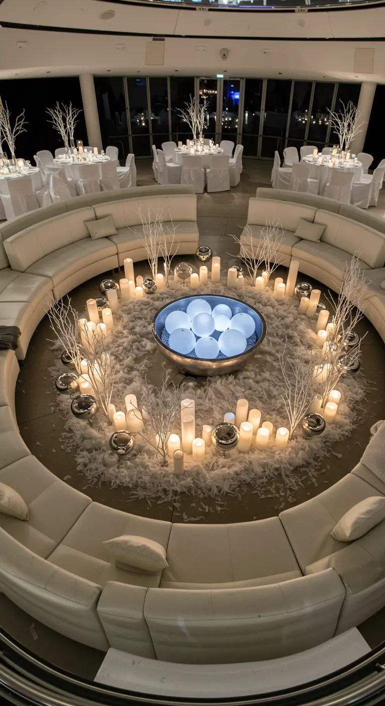 A circular white sofa surrounds a central bowl filled with glowing orbs and candles.