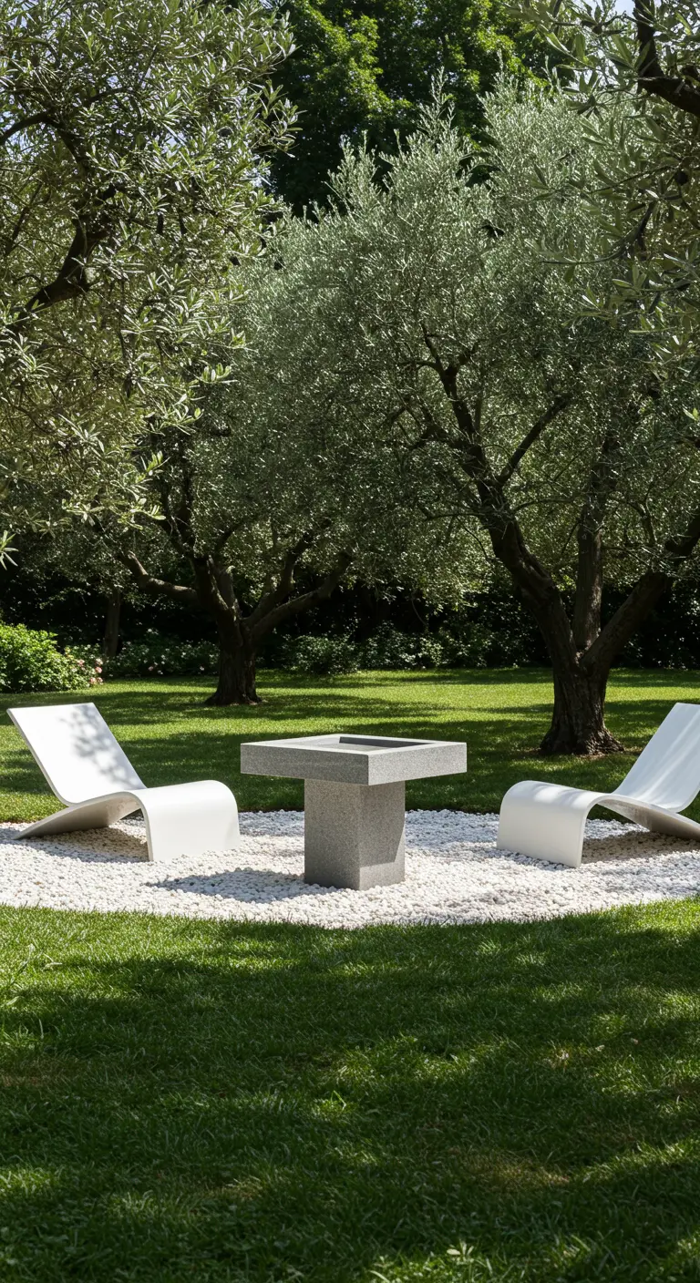 Two white modern loungers and a square stone table on a bed of white pebbles in a green lawn.