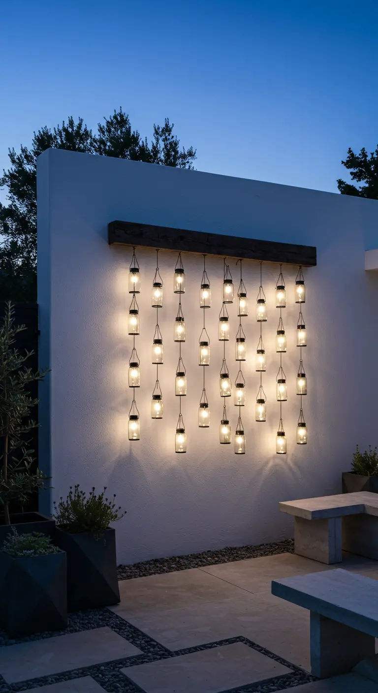 A minimalist white wall with a grid of small, illuminated glass jars.