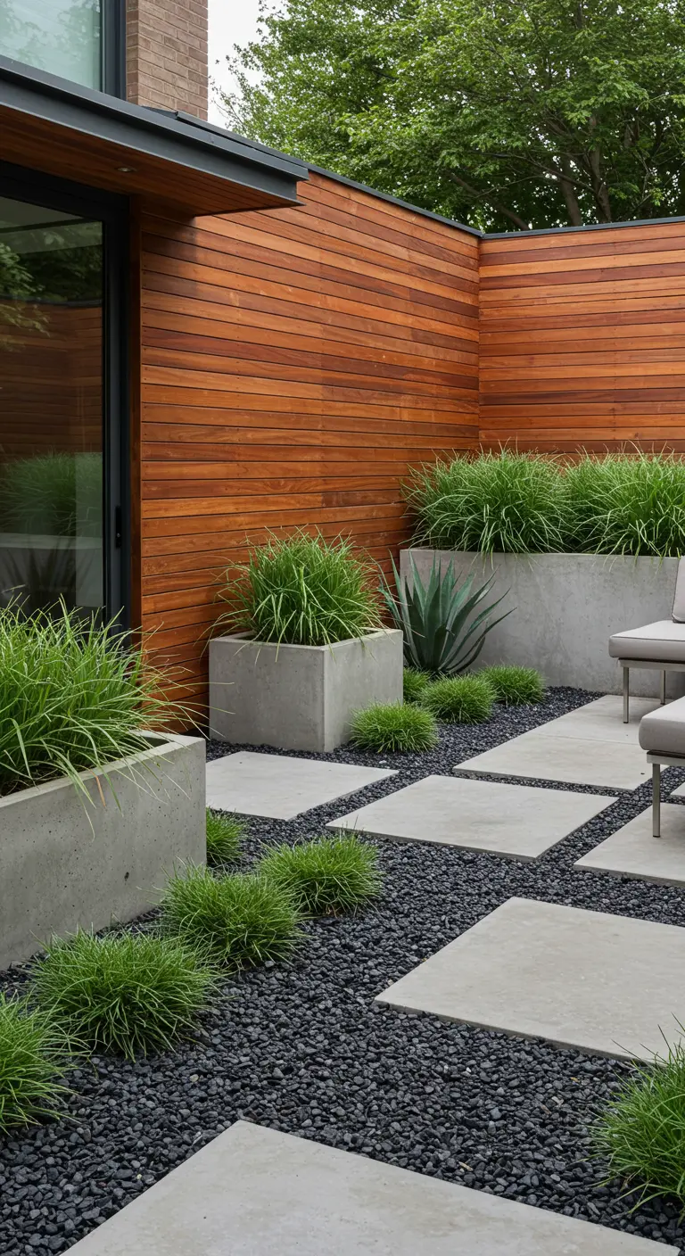A modern patio with square pavers, dark gravel, and concrete planters.