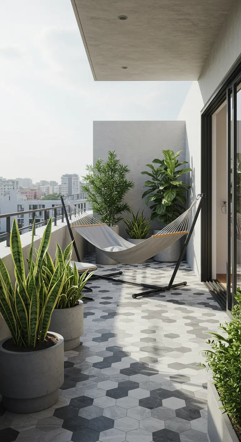 Modern balcony with grey hexagonal tiles, a free-standing hammock, and potted snake plants.