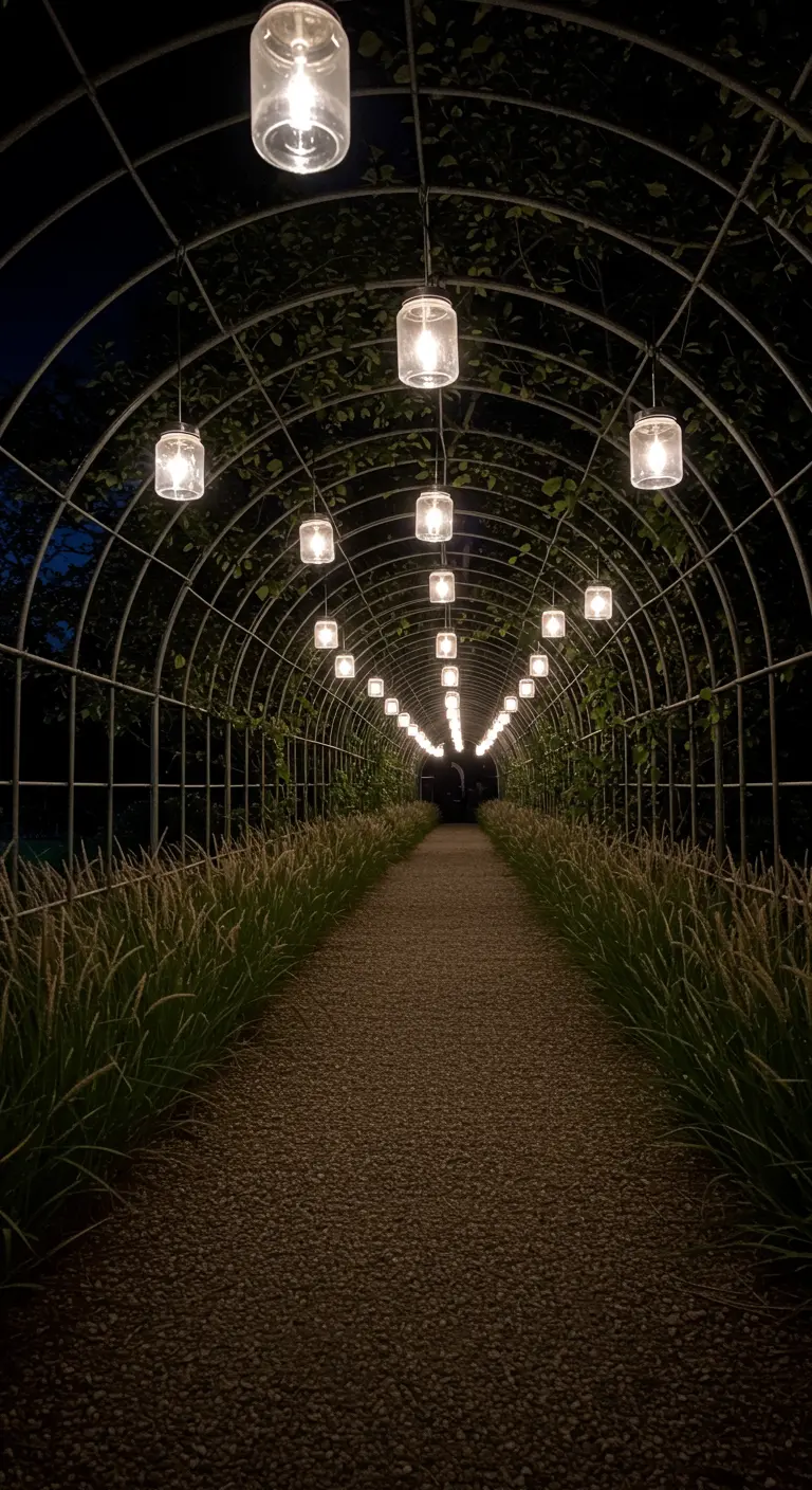 A modern metal arched tunnel over a gravel path, lined with grasses and lit by lights.