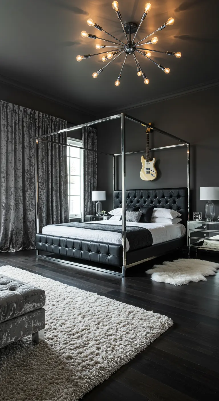 Dark gray bedroom with a chrome canopy bed and a sputnik chandelier.
