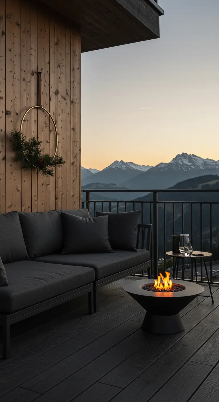 A modern black sofa and fire pit on a balcony with a minimalist hoop wreath, at sunset.
