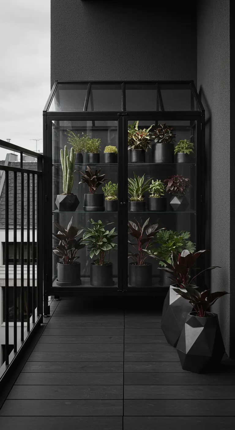 A black metal-and-glass cabinet greenhouse filled with succulents in geometric pots.