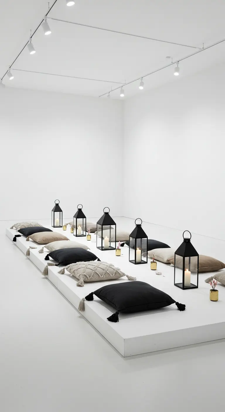 A minimalist white room with low floor seating, black lanterns, and neutral tassel pillows.