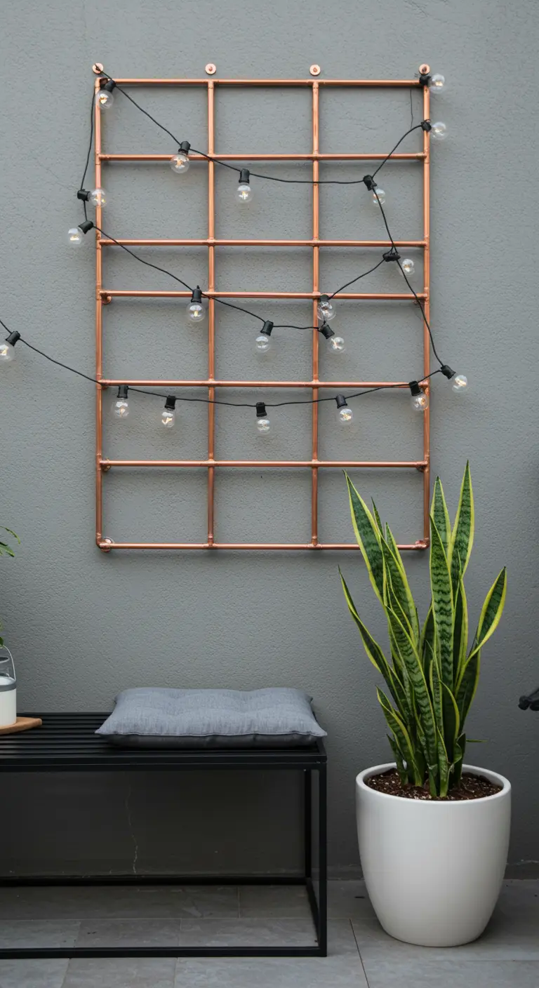 A square copper pipe grid mounted on a grey wall, draped with string lights.
