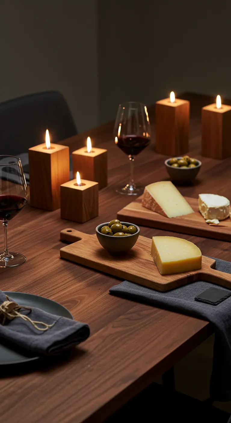 A dark wood table with cheese boards and square wooden block candle holders.