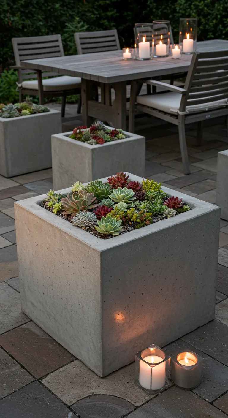 Large concrete cube planters filled with succulents, defining an outdoor dining area on a patio.