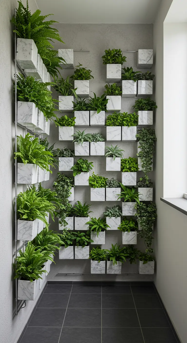 A vertical garden wall with dozens of small, square marble planters holding various greens.