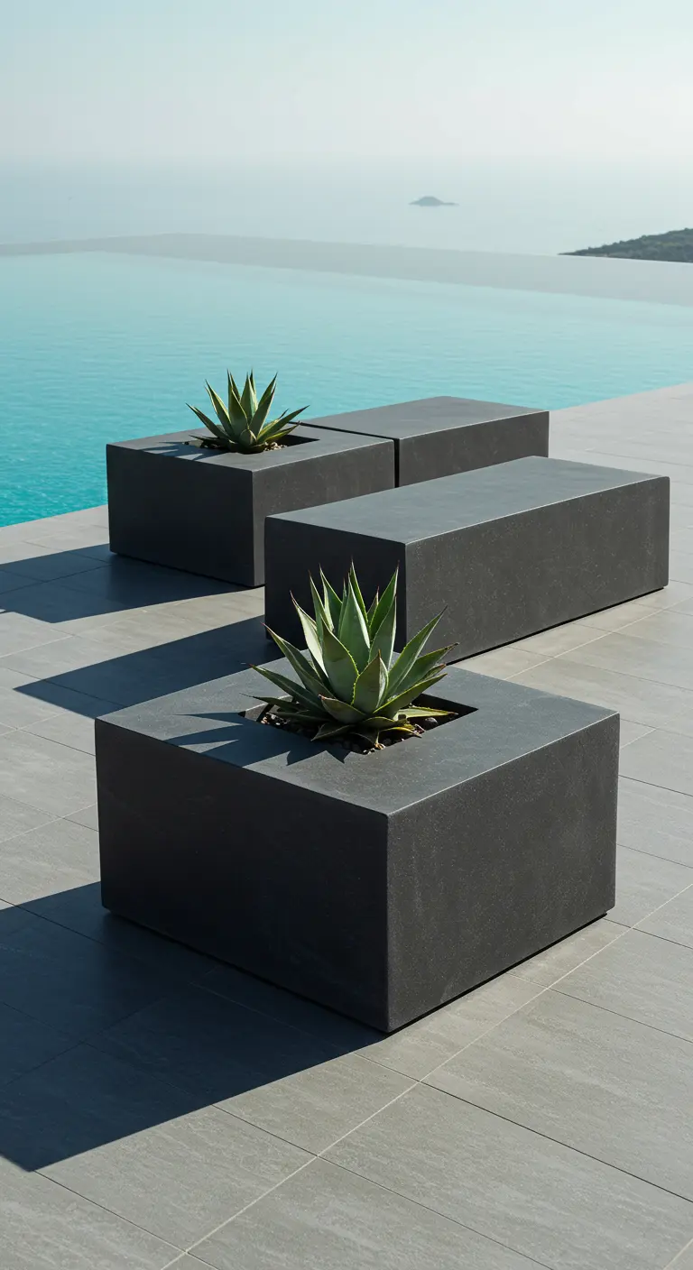 Modular charcoal concrete blocks used as benches and planters for single agave plants by a pool.