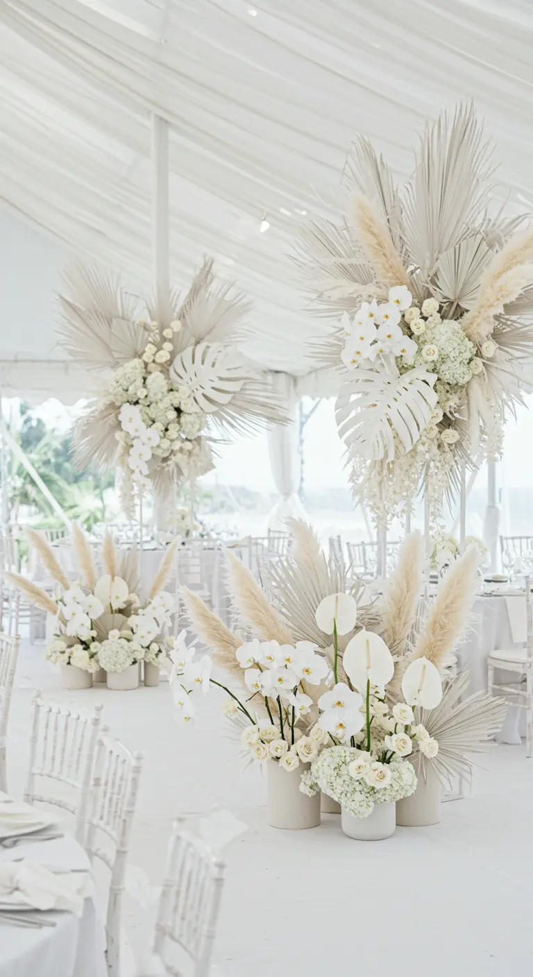 An all-white wedding floral installation with painted tropical leaves, orchids, and pampas grass.
