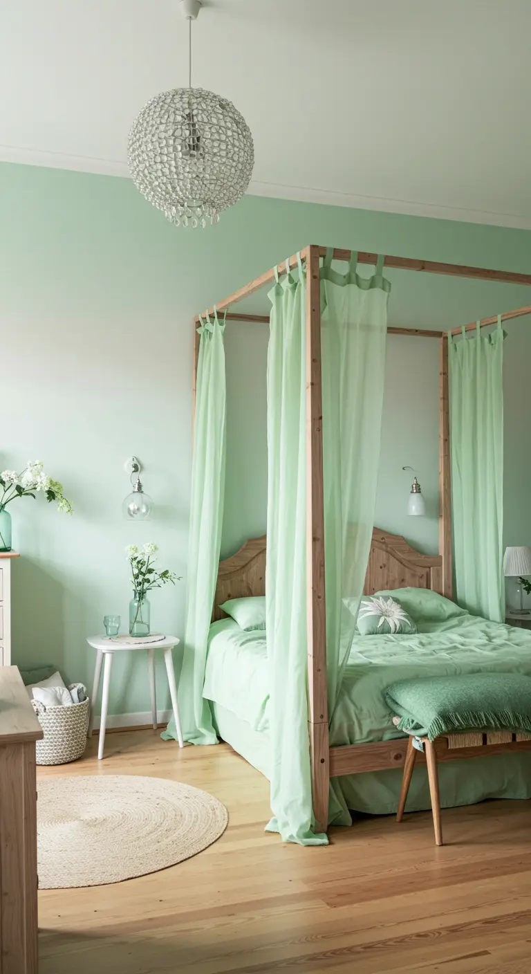 Mint green bedroom with a wood canopy bed and sheer green curtains.