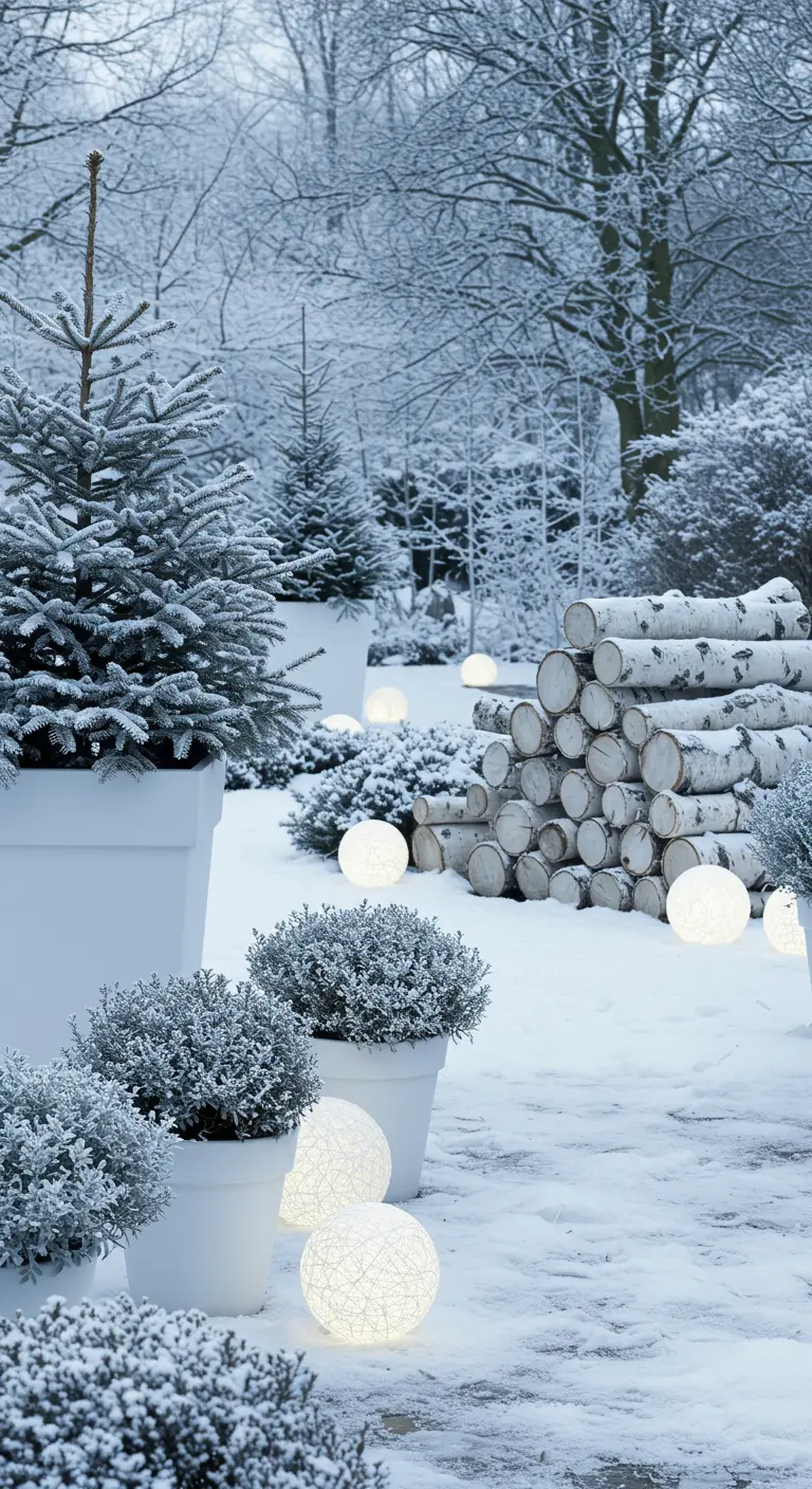 A serene, snowy garden with white planters, birch logs, and white glowing orbs.