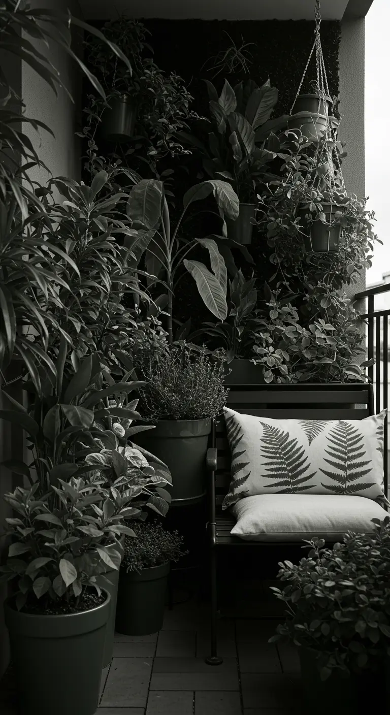 A moody, monochrome balcony with dark planters and furniture, styled in black and white.